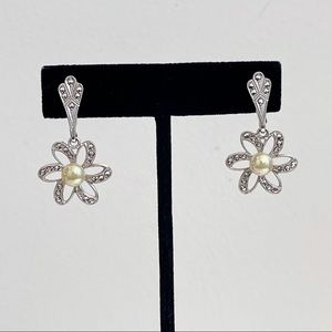 Vintage Sterling Pearl Marcasite Flower Dangle Screw Back Earrings Wedding Bride